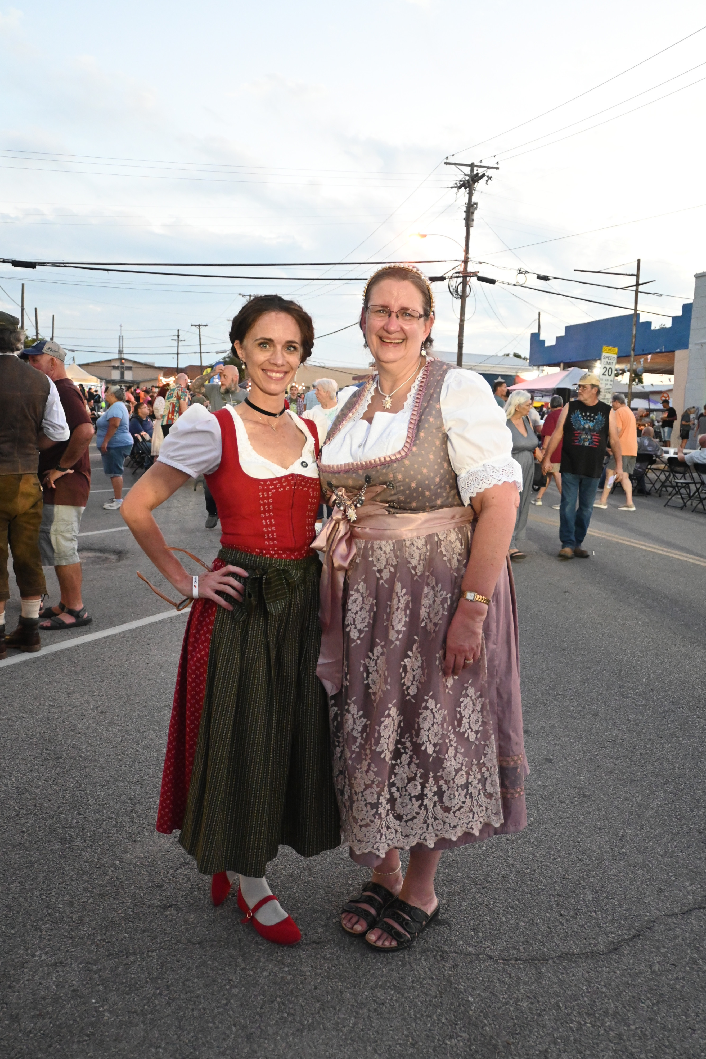 Anne Seneca and Heike Mathis dressed in traditional Dirndl dresses